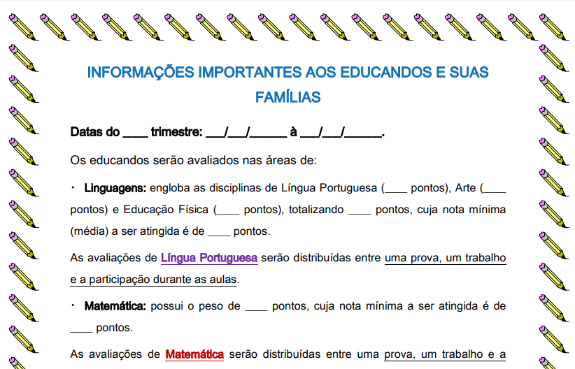 Preview de Bilhete para os pais: como os alunos serão avaliados