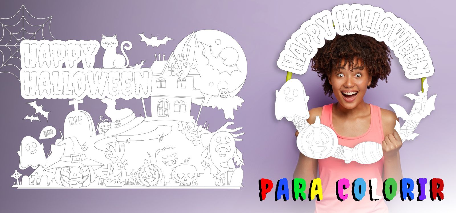 Imagem de Painel e Bambolê Decoração de Halloween para Colorir na Escola