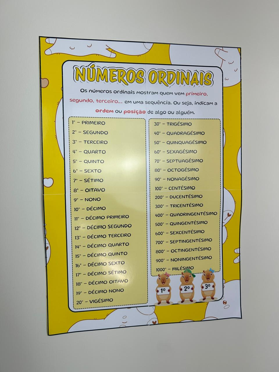Preview de Números Ordinais Coloridos com Tema Capivara Didático