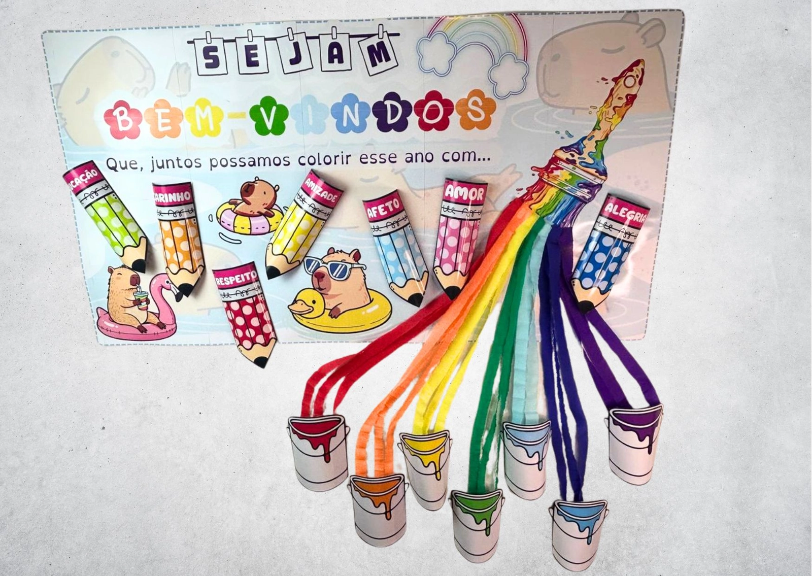 Preview de Painel Decorativo Volta às Aulas - Tema Capivara - Arco-Íris