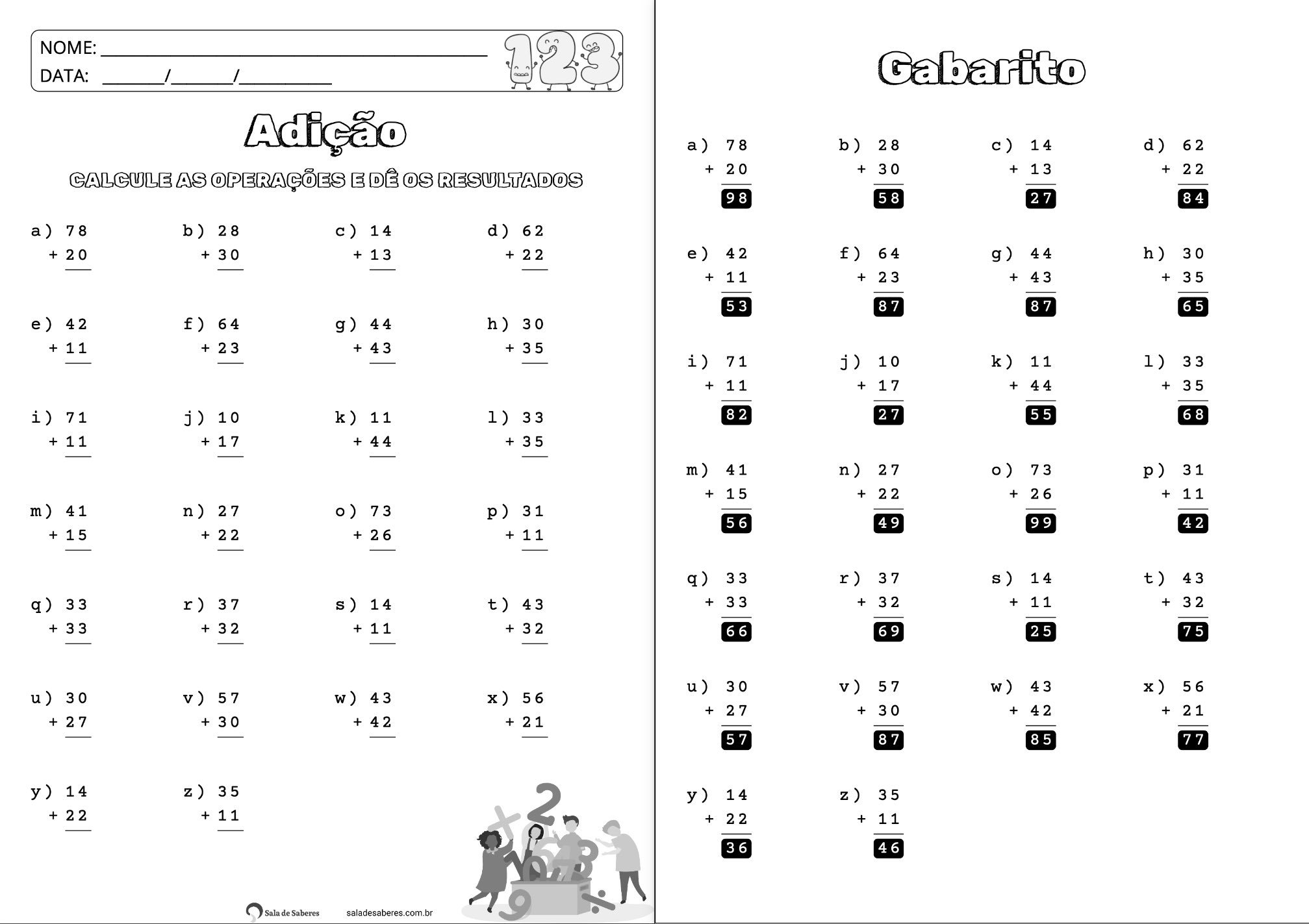 Folha de exercícios de matemática gerada pela ferramenta